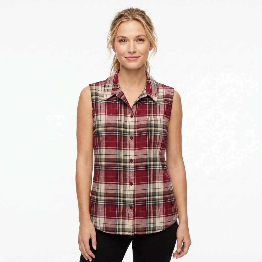 Talbots Plaid Sleeveless Top Women Size M Red Irish Linen Blend Casual
